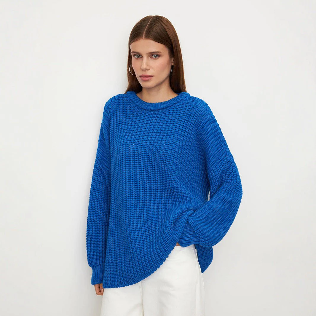 The Lantern Glow | Solid Color Lantern Sleeve Round-Neck Knit Sweater