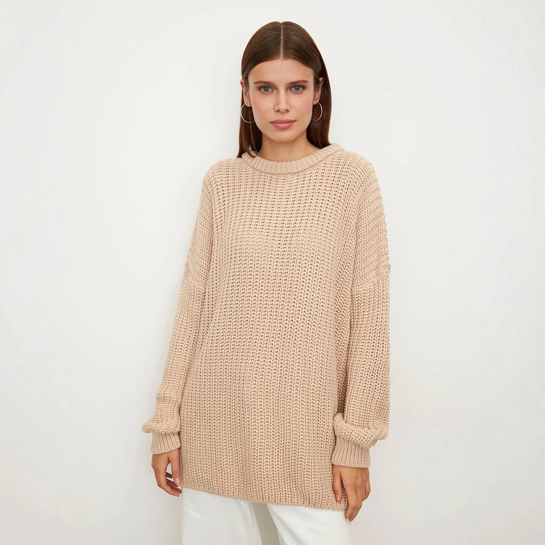 The Lantern Glow | Solid Color Lantern Sleeve Round-Neck Knit Sweater - Image 3