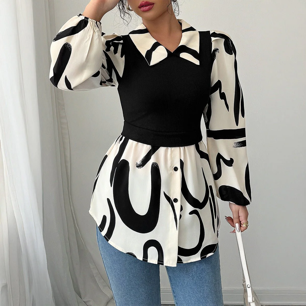 The Layered Illusion | Solid Color Fake Two-Piece Printed Shirt with Bubble Sleeves - Image 2