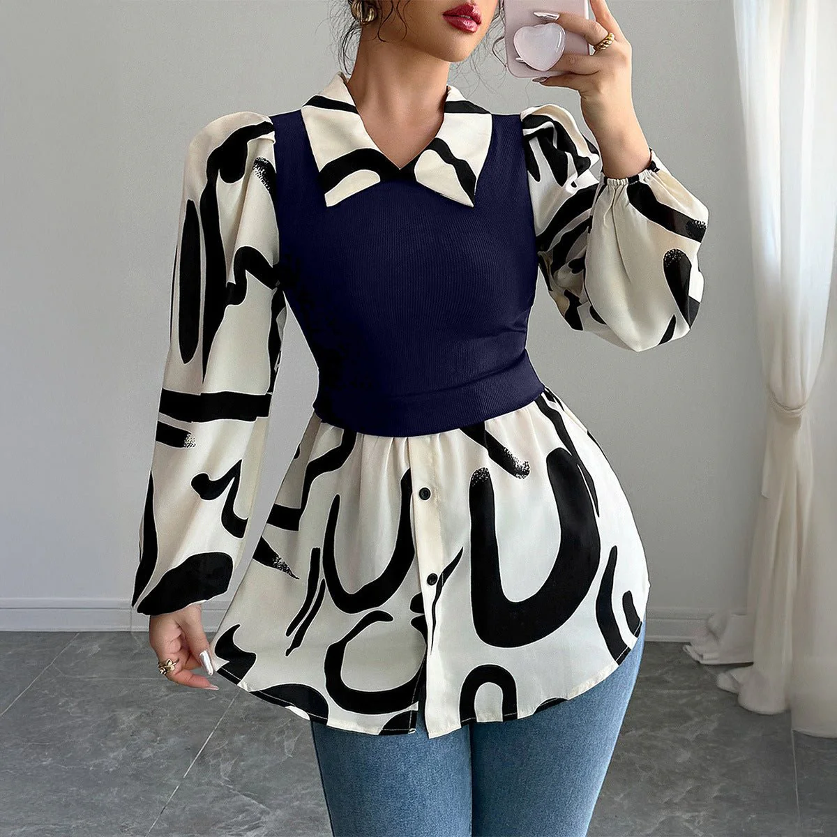 The Layered Illusion | Solid Color Fake Two-Piece Printed Shirt with Bubble Sleeves - Image 3