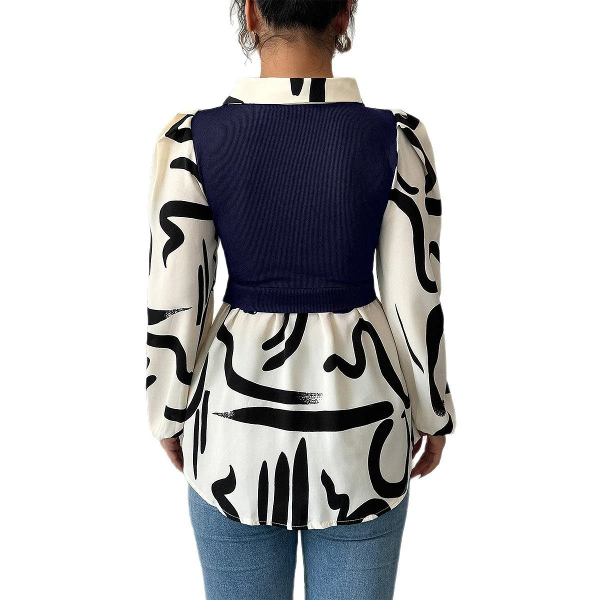 The Layered Illusion | Solid Color Fake Two-Piece Printed Shirt with Bubble Sleeves - Image 5