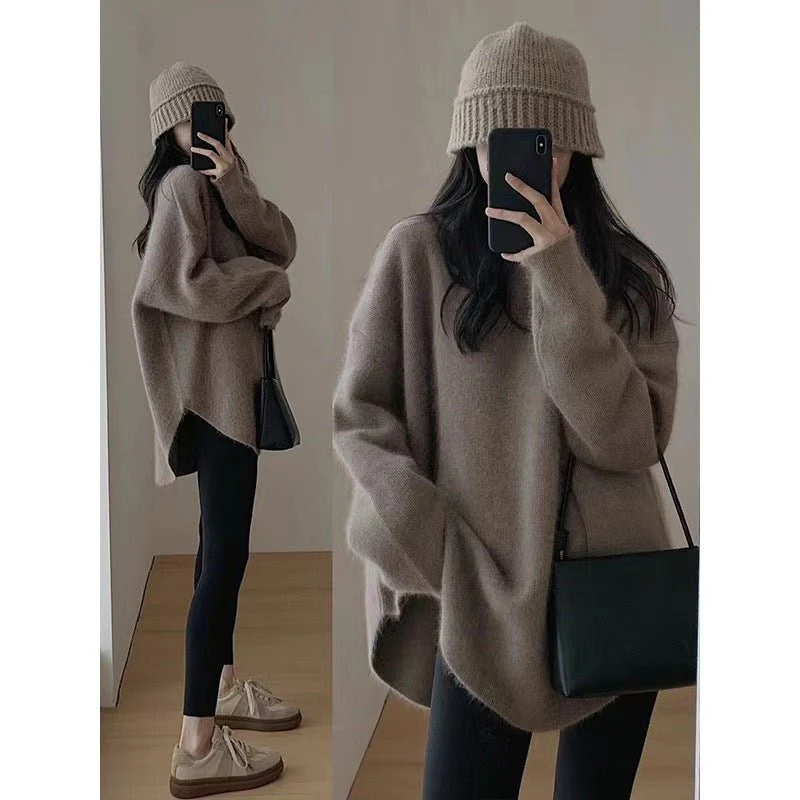The Lazy Charm | Women's Loose Crew Neck Knit Pullover Sweater FD