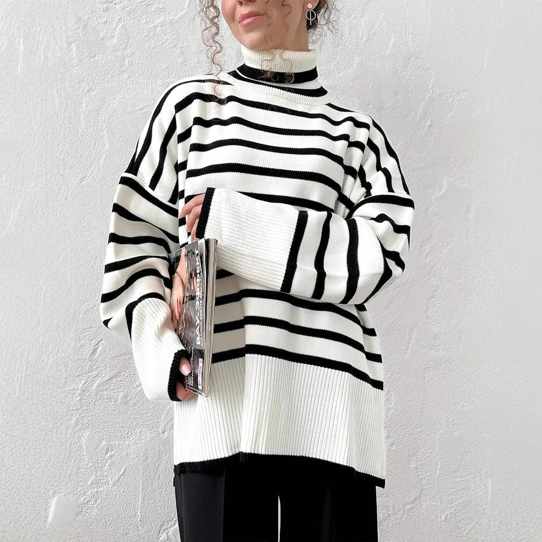 The Lazy Chic | Striped High-Neck Pullover Sweater