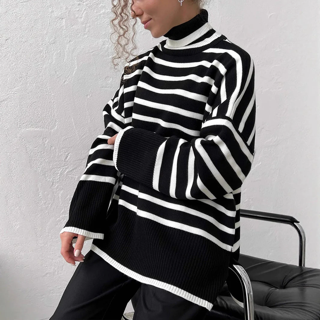 The Lazy Chic | Striped High-Neck Pullover Sweater - Image 3