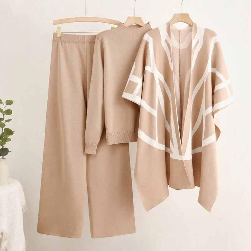 The Lazy Cozy | Women's Knitted Shawl Cape, Sweater & Wide-Leg Pants Three-Piece Set