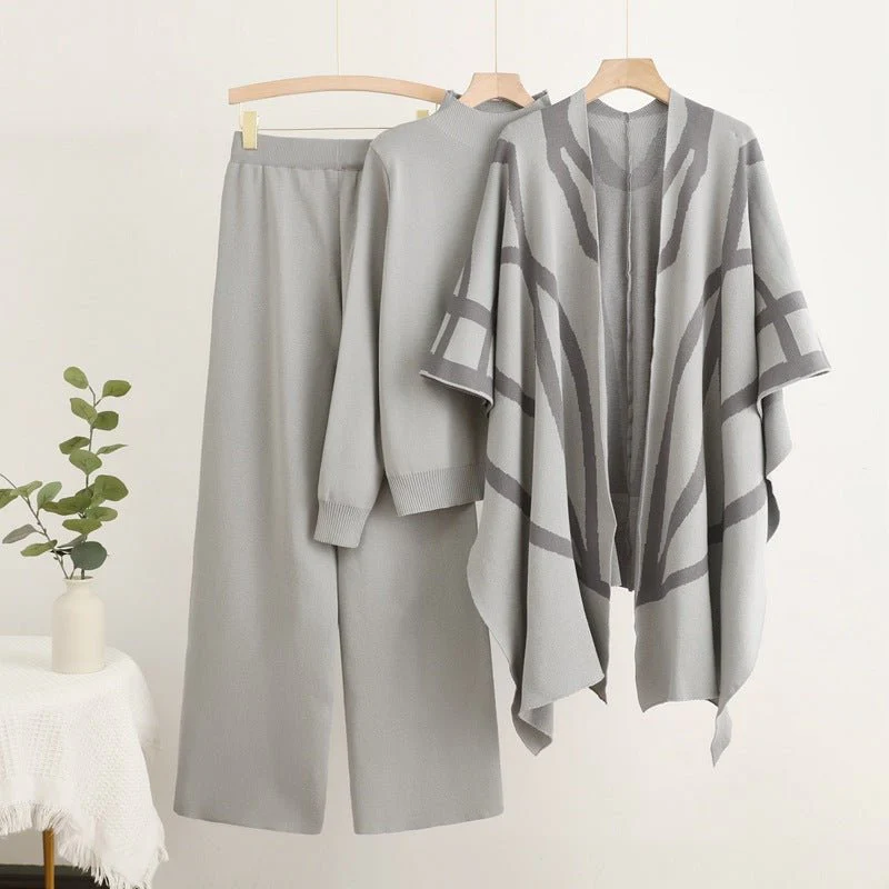 The Lazy Cozy | Women's Knitted Shawl Cape, Sweater & Wide-Leg Pants Three-Piece Set - Image 3