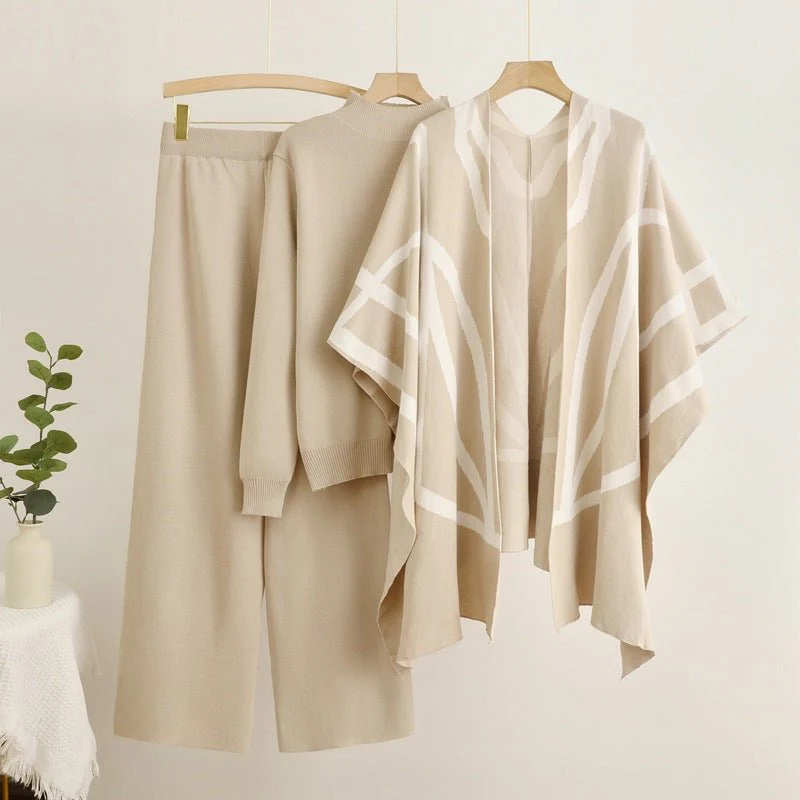 The Lazy Cozy | Women's Knitted Shawl Cape, Sweater & Wide-Leg Pants Three-Piece Set - Image 4