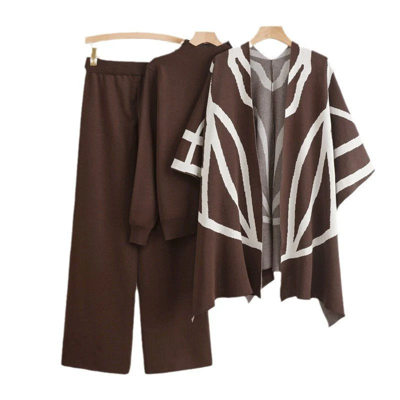 The Lazy Cozy | Women's Knitted Shawl Cape, Sweater & Wide-Leg Pants Three-Piece Set - Image 5