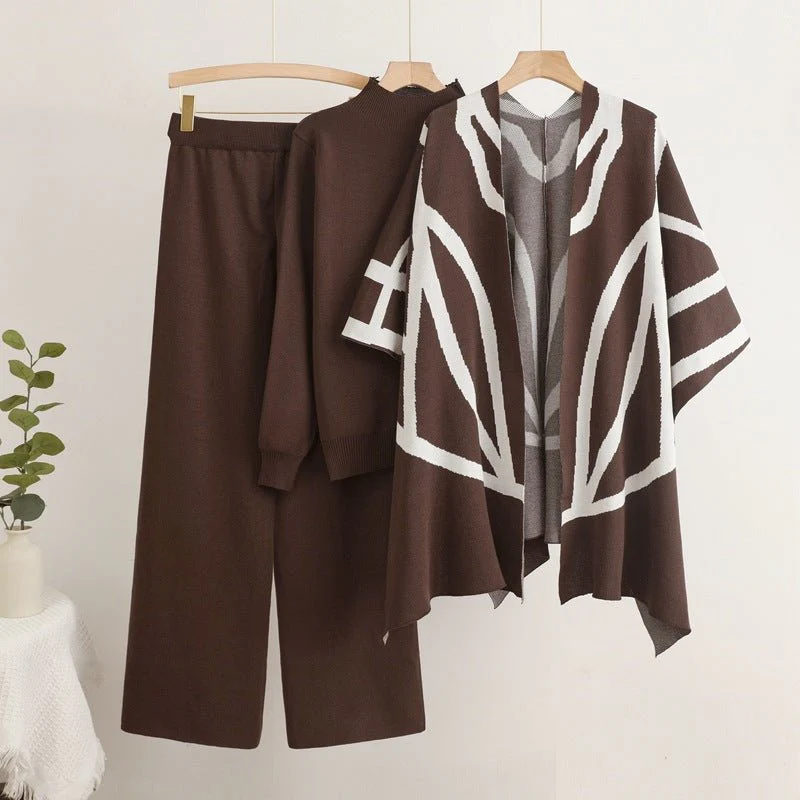 The Lazy Cozy | Women's Knitted Shawl Cape, Sweater & Wide-Leg Pants Three-Piece Set - Image 6
