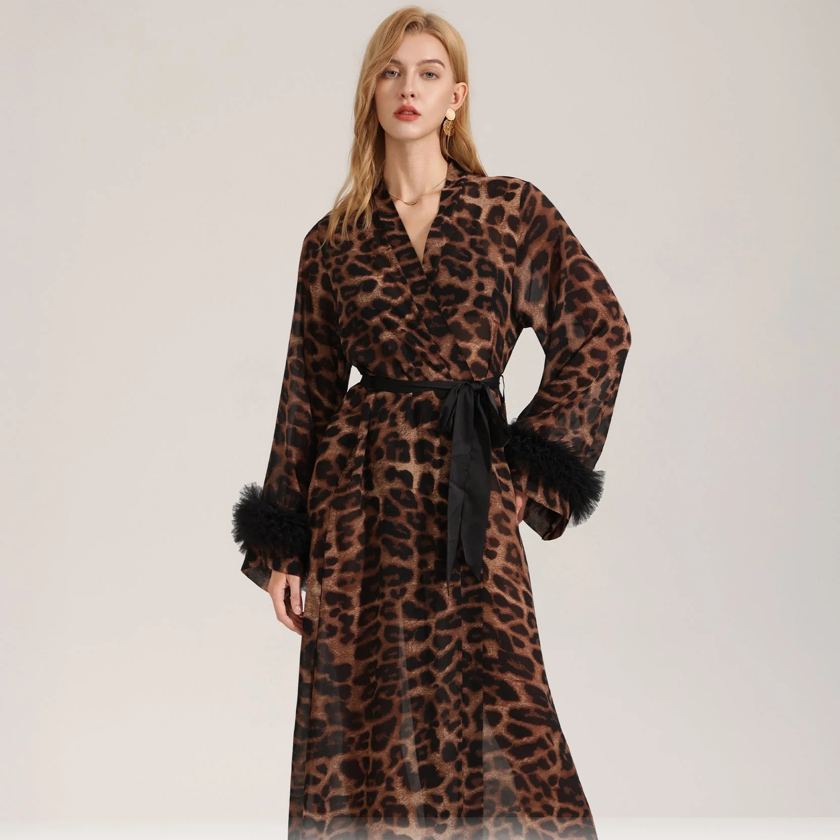 The Leopard Allure | Leopard Print V-Neck Long-Sleeve Satin Robe (FD)