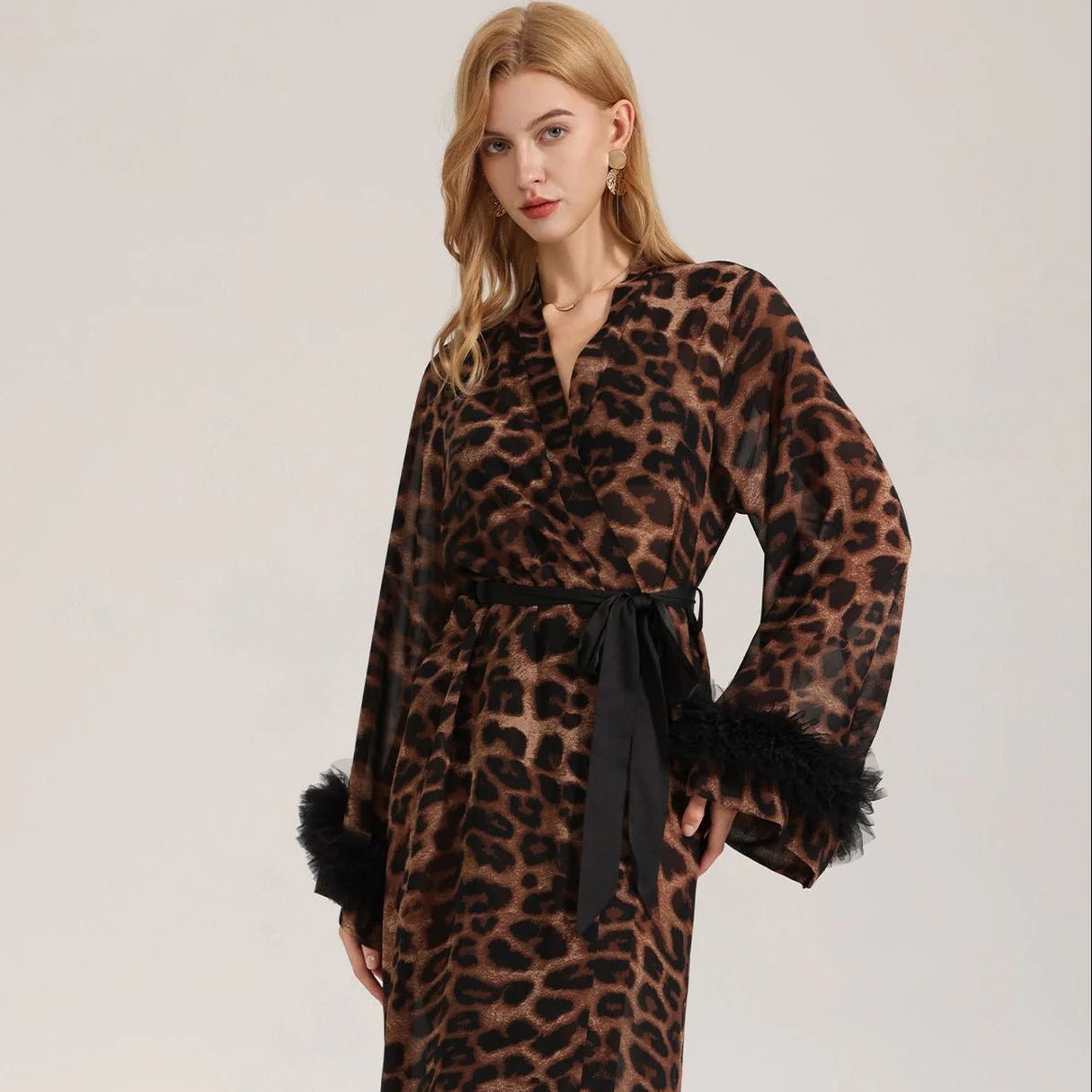 The Leopard Allure | Leopard Print V-Neck Long-Sleeve Satin Robe (FD) - Image 2