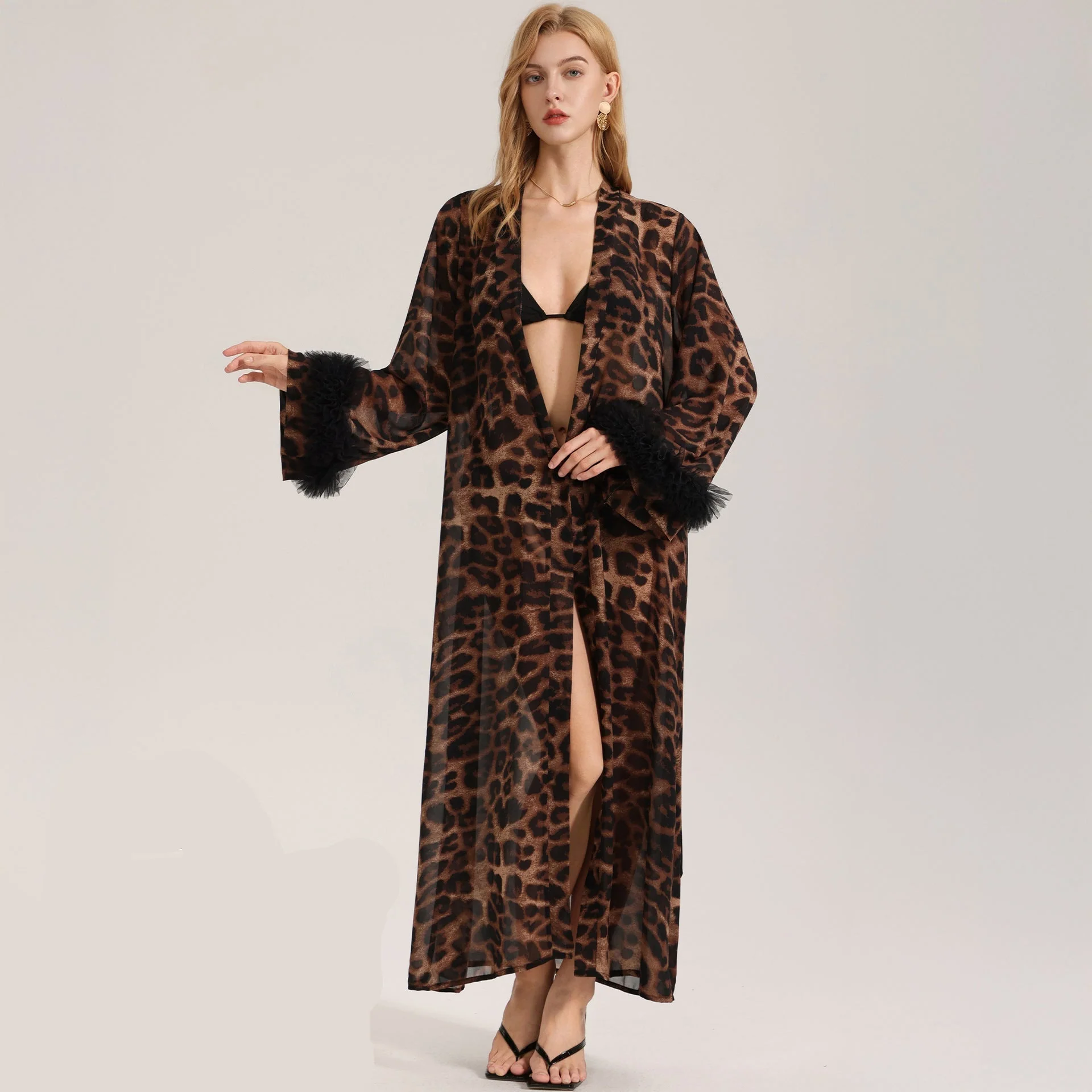 The Leopard Allure | Leopard Print V-Neck Long-Sleeve Satin Robe (FD) - Image 4