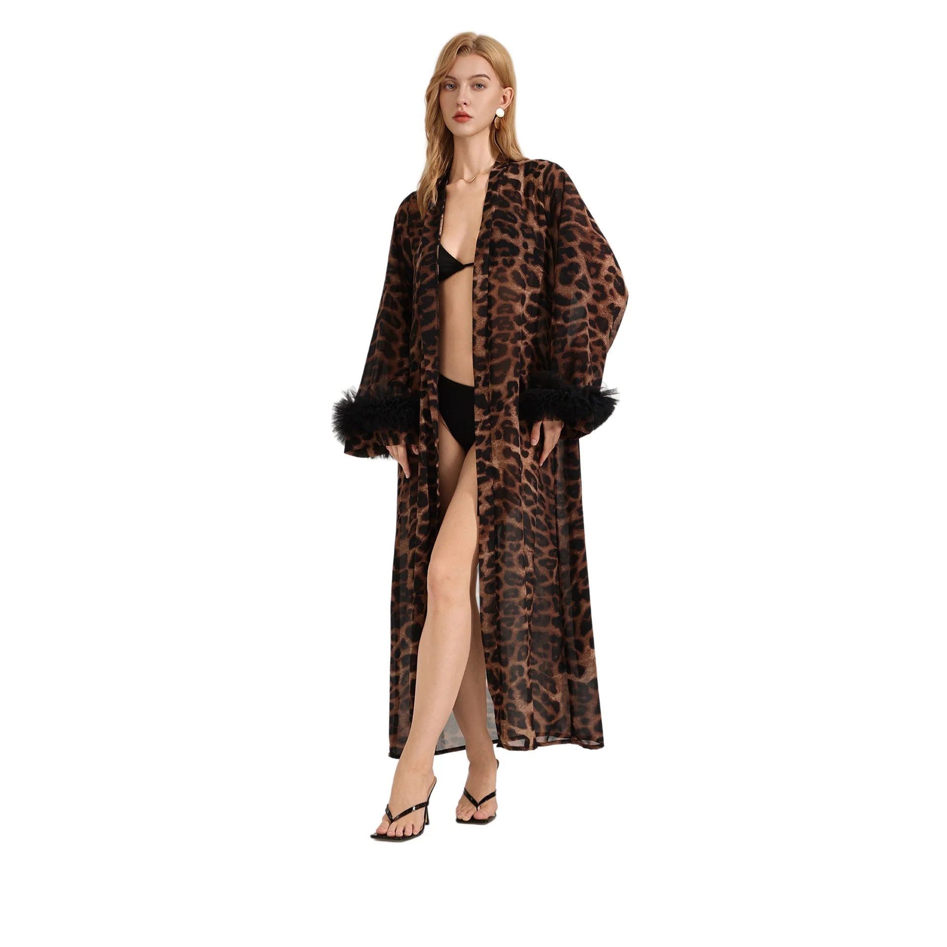 The Leopard Allure | Leopard Print V-Neck Long-Sleeve Satin Robe (FD) - Image 5