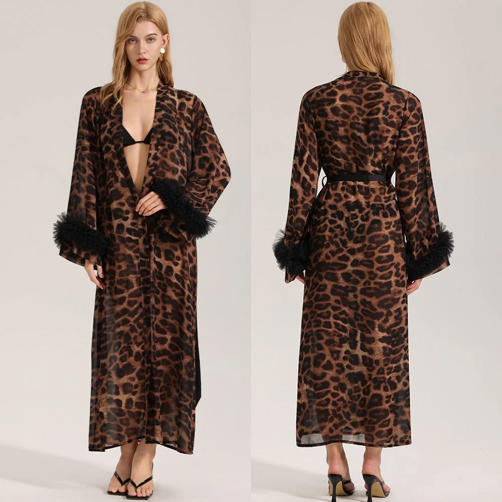 The Leopard Allure | Leopard Print V-Neck Long-Sleeve Satin Robe (FD) - Image 6