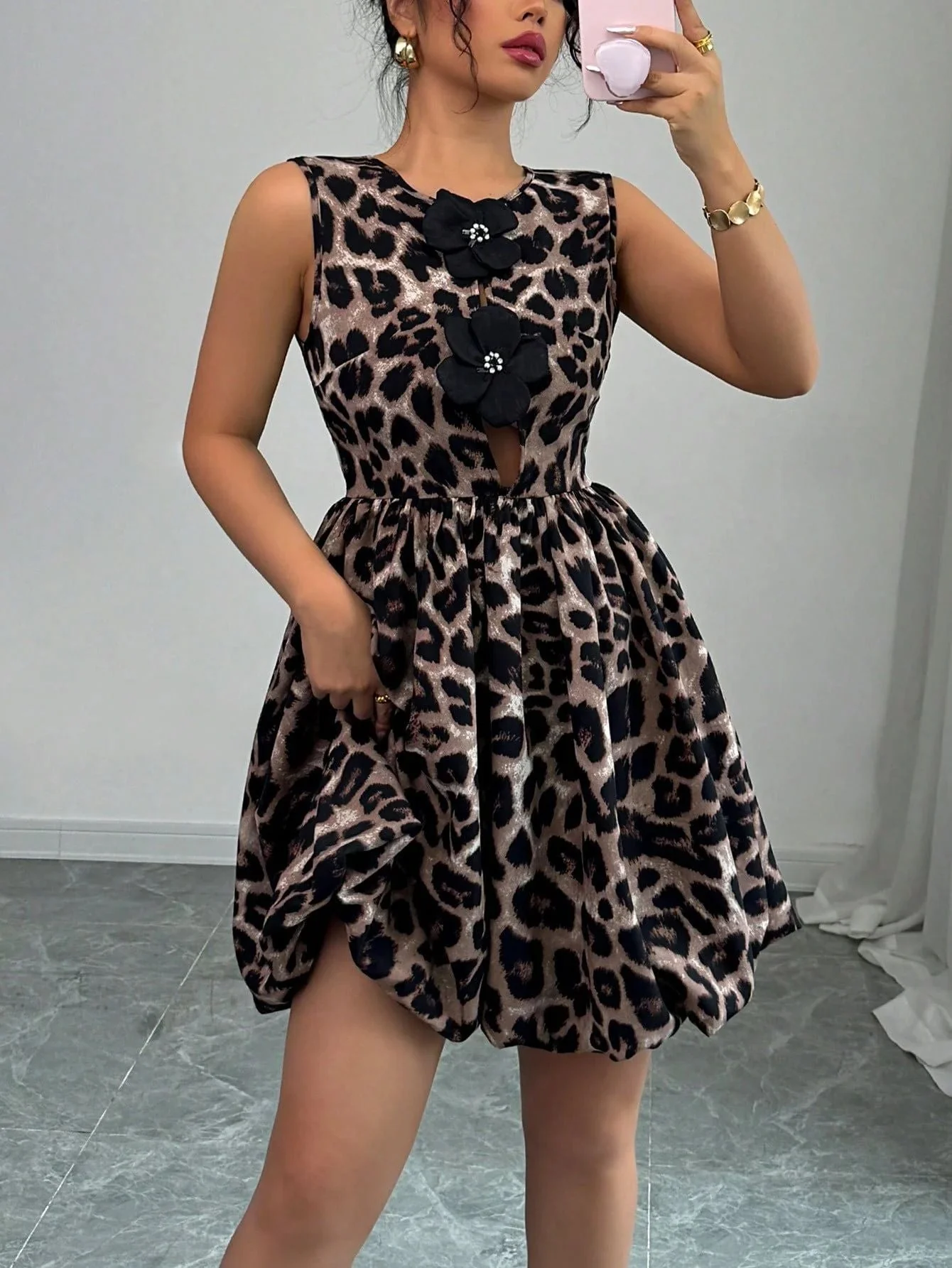 The Leopard Blossom | Women's Leopard Print 3D Flower Pleated Midi Dress - Image 6