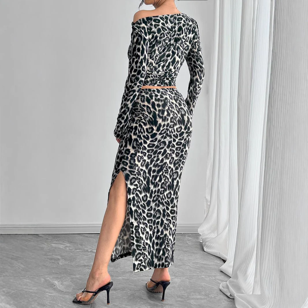 The Leopard Rebel | Women's Leopard Print Long-Sleeve Two-Piece Midi Set - Image 2