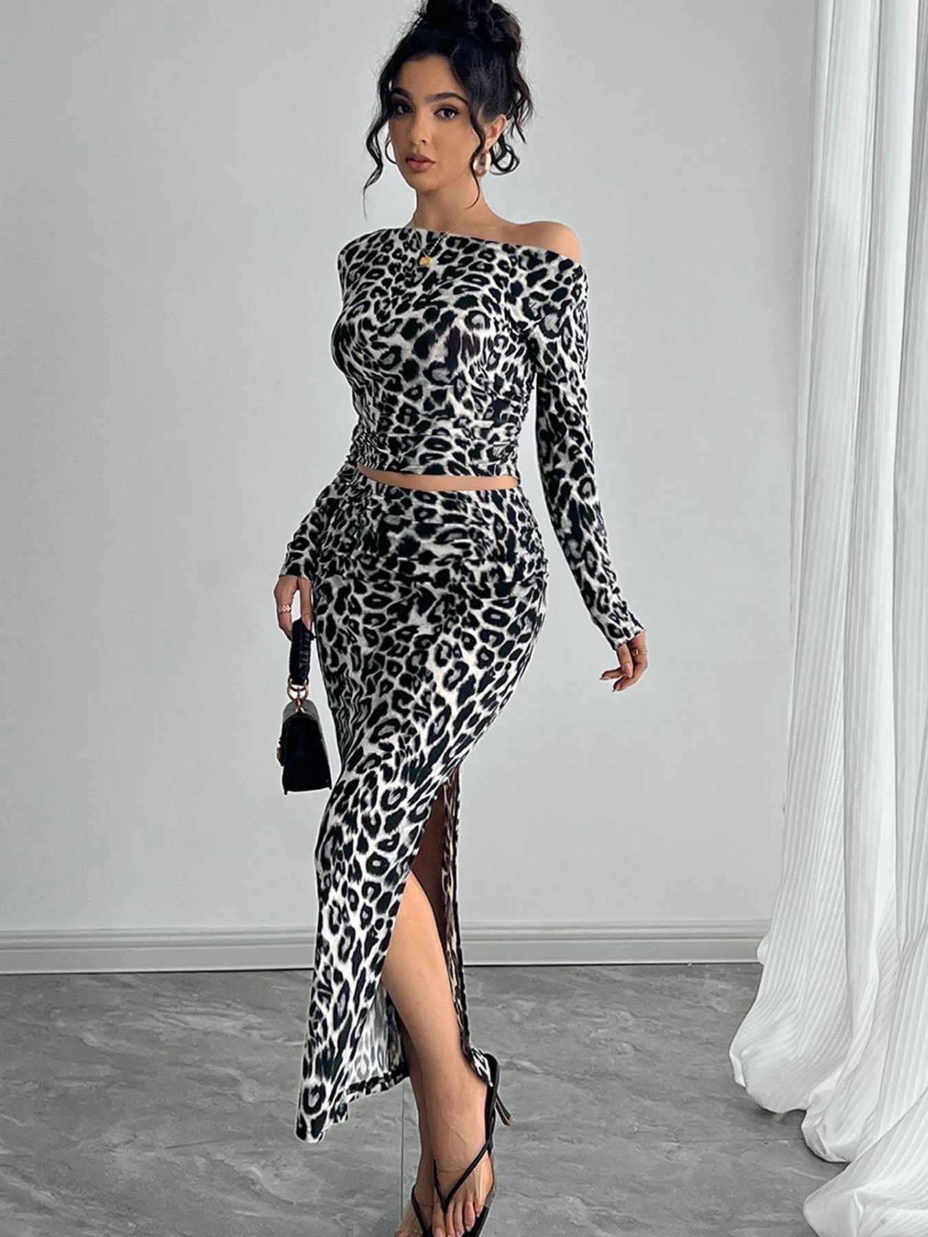 The Leopard Rebel | Women's Leopard Print Long-Sleeve Two-Piece Midi Set - Image 6