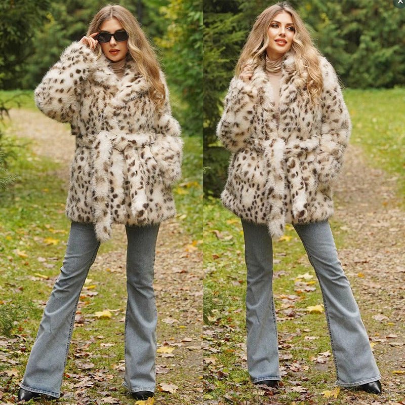 The Leopard Sovereign | Imitation Fur Belted Suit Collar Coat - Image 2