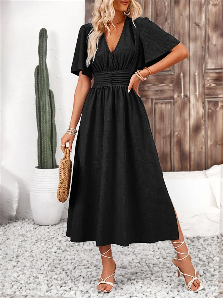 The Lotus Whisper | Solid Color Lotus-Leaf Sleeve Slit Maxi Dress
