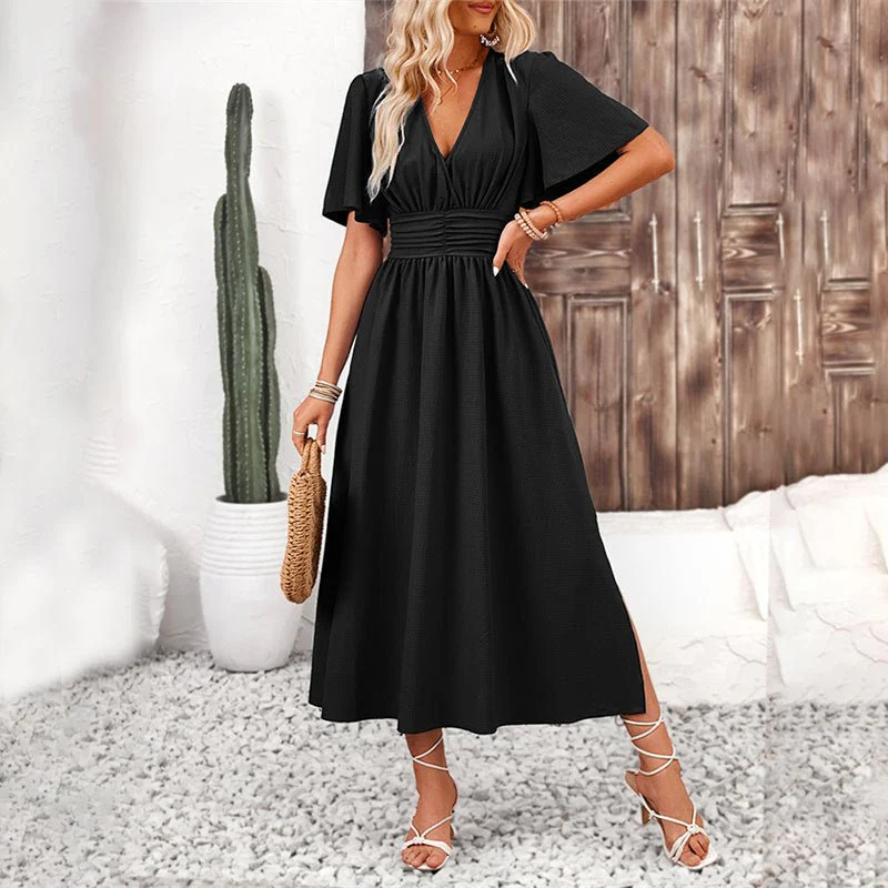 The Lotus Whisper | Solid Color Lotus-Leaf Sleeve Slit Maxi Dress - Image 10