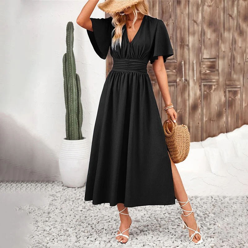 The Lotus Whisper | Solid Color Lotus-Leaf Sleeve Slit Maxi Dress - Image 3