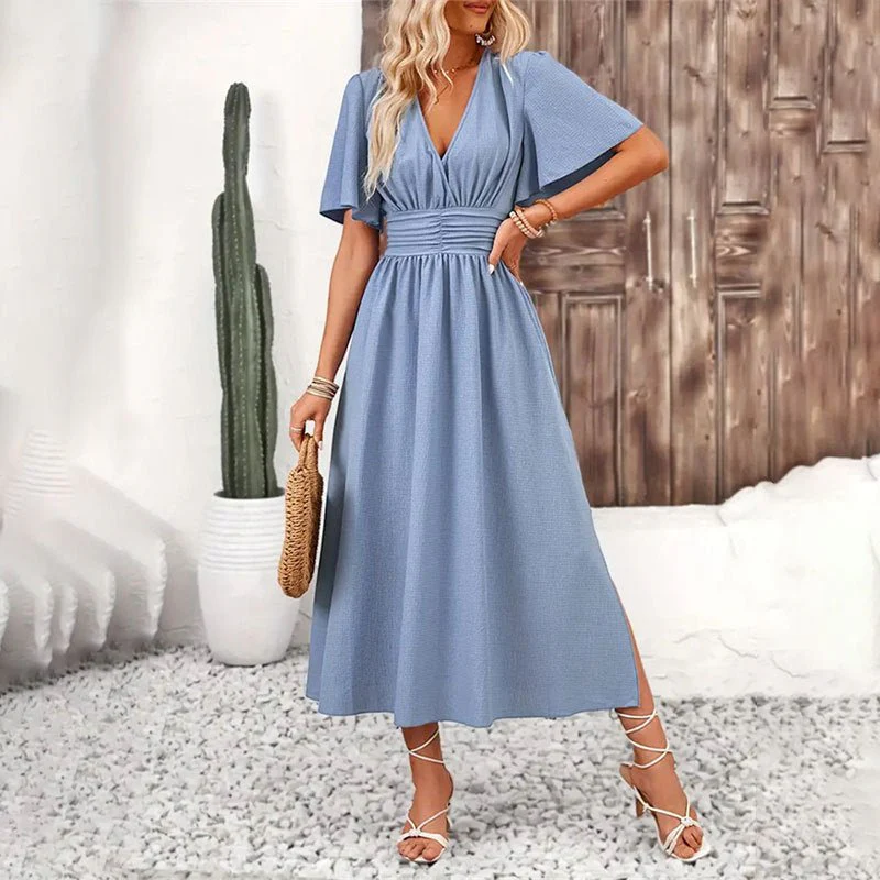 The Lotus Whisper | Solid Color Lotus-Leaf Sleeve Slit Maxi Dress - Image 4