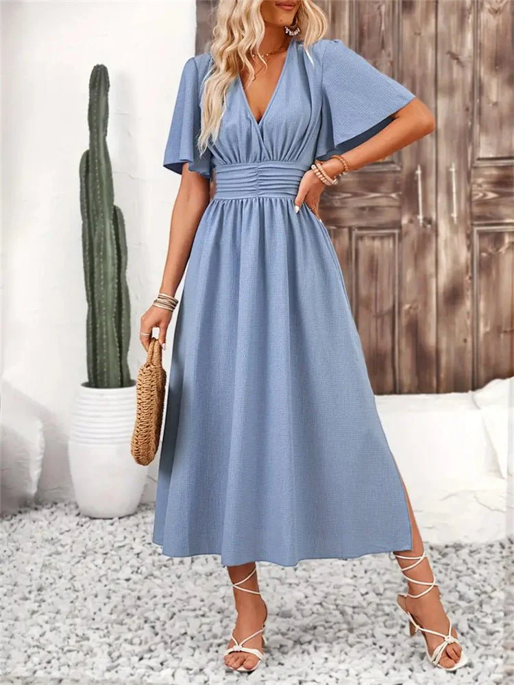 The Lotus Whisper | Solid Color Lotus-Leaf Sleeve Slit Maxi Dress - Image 6