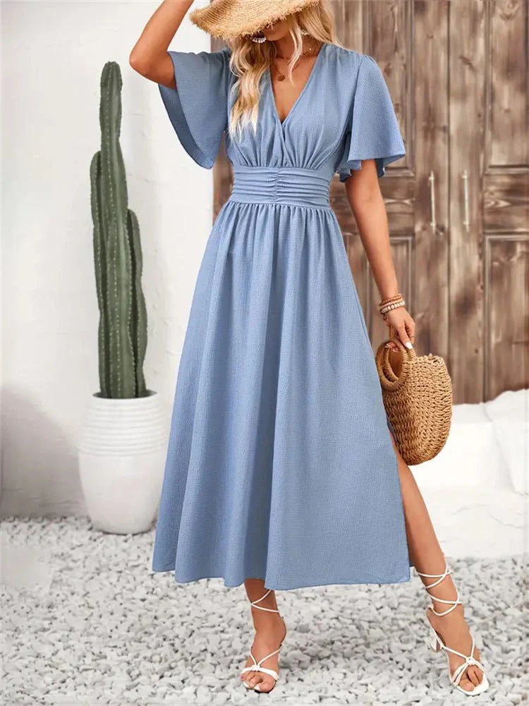 The Lotus Whisper | Solid Color Lotus-Leaf Sleeve Slit Maxi Dress - Image 7