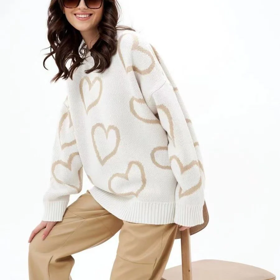 The Love Charm | Solid Color Love Jacquard Knit Pullover Sweater - Image 2