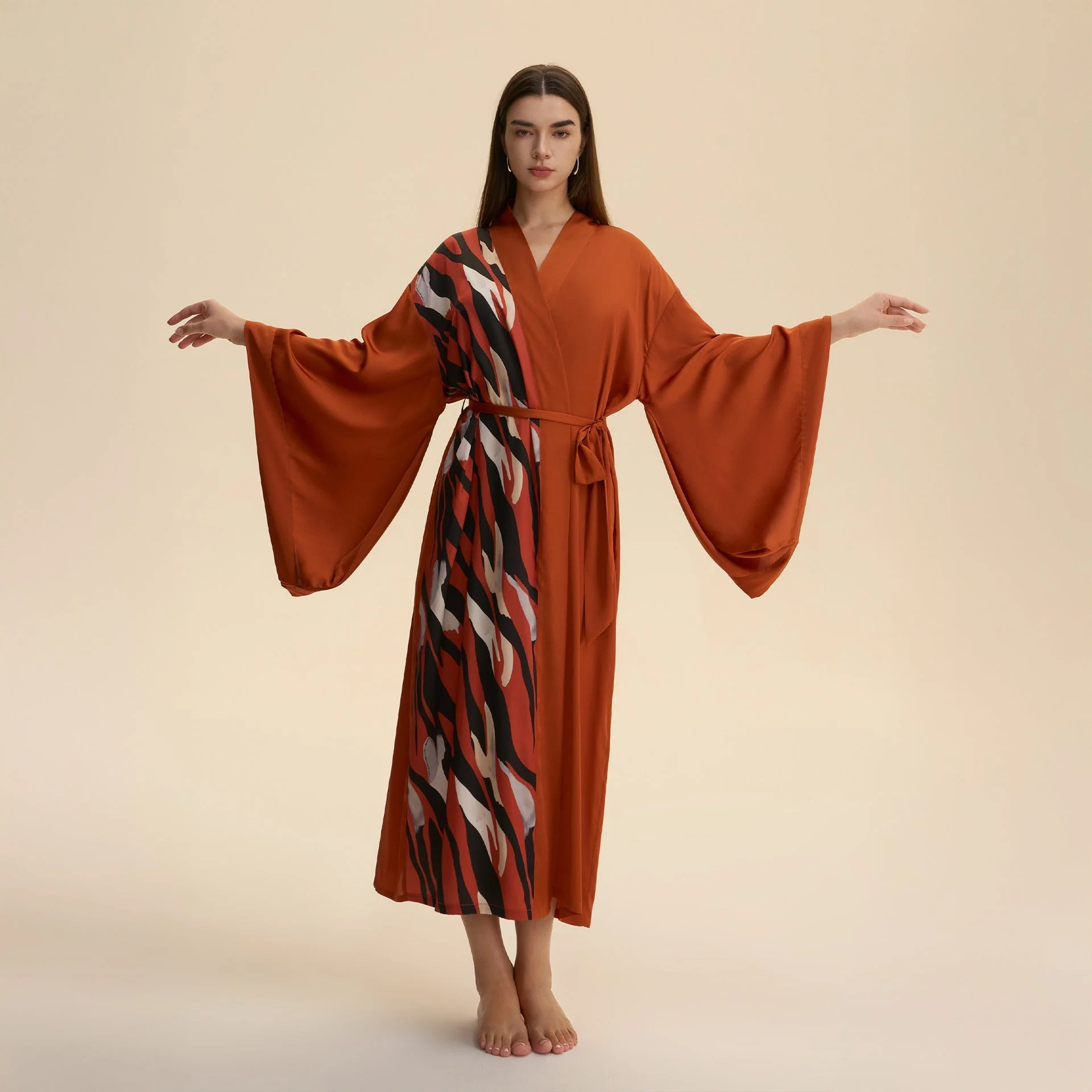 The Luxe Flow | Solid Color V-Neck Long-Sleeve Satin Maxi Robe