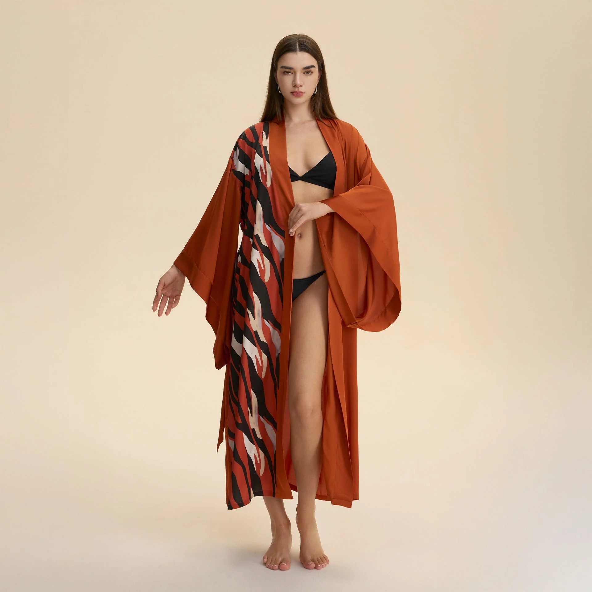 The Luxe Flow | Solid Color V-Neck Long-Sleeve Satin Maxi Robe - Image 4