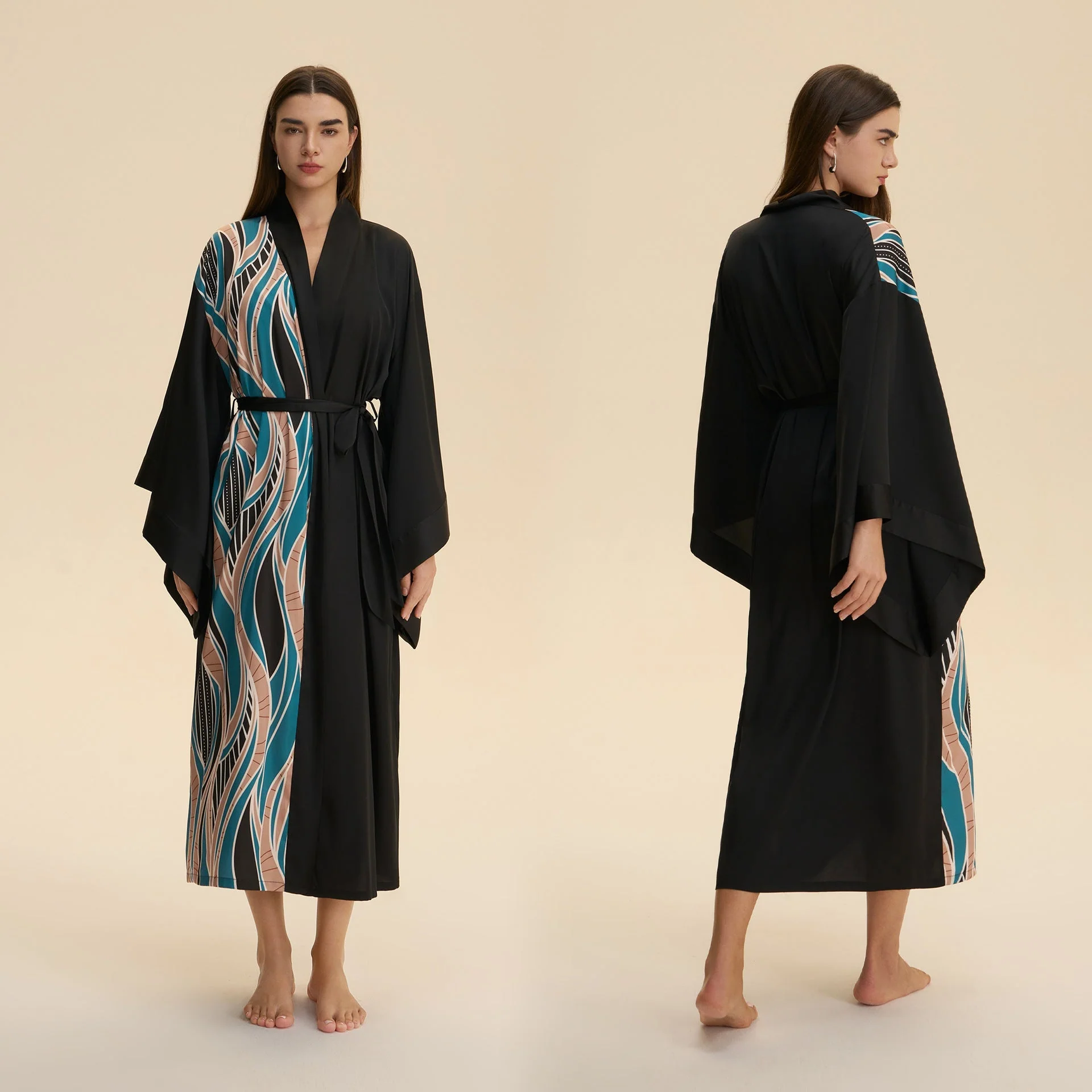 The Luxe Flow | Solid Color V-Neck Long-Sleeve Satin Maxi Robe - Image 6