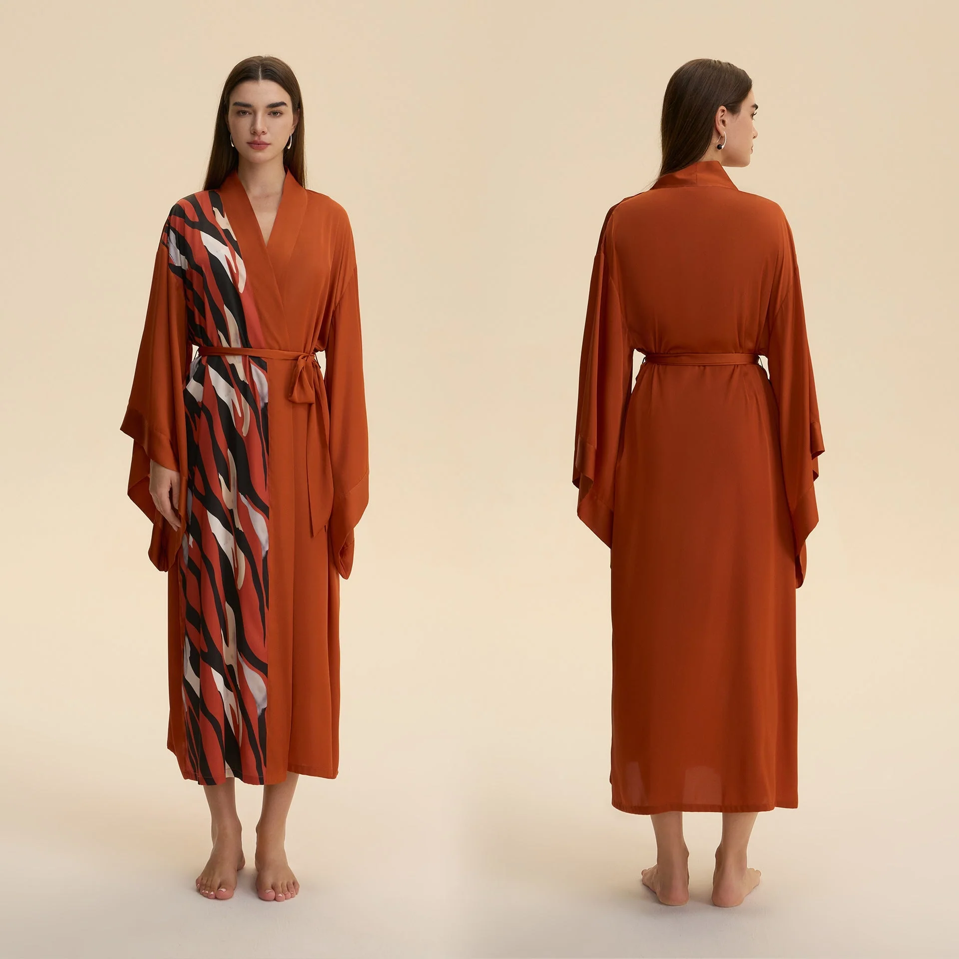 The Luxe Flow | Solid Color V-Neck Long-Sleeve Satin Maxi Robe - Image 8