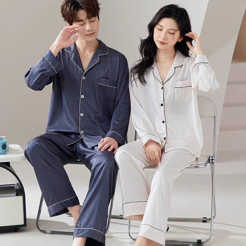 The Luxe Lounge | Solid Color Ice Silk Couple Pajama Set - Image 2