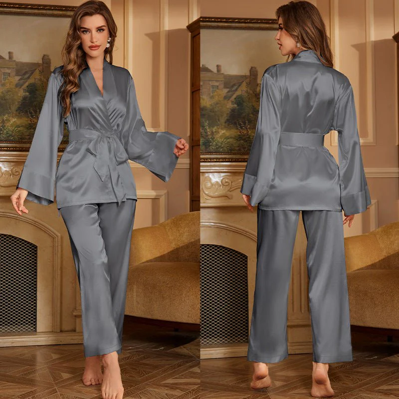 The Luxe Lounge | Solid Color Ice Silk Long-Sleeve Pajama Set - Image 10