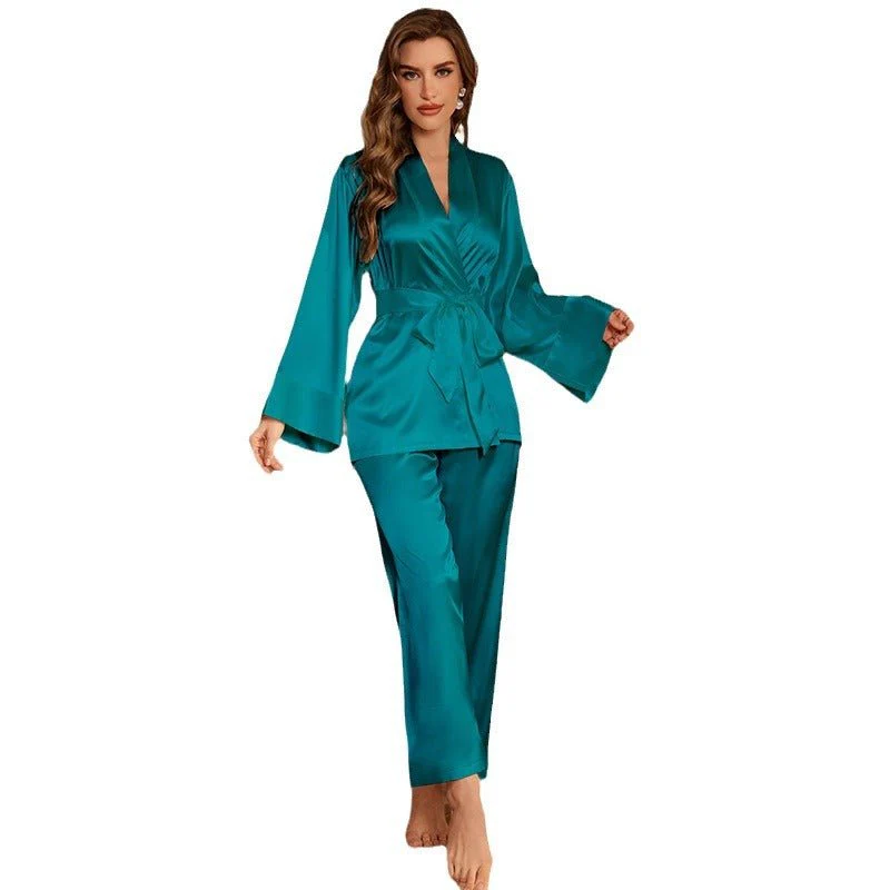 The Luxe Lounge | Solid Color Ice Silk Long-Sleeve Pajama Set - Image 5