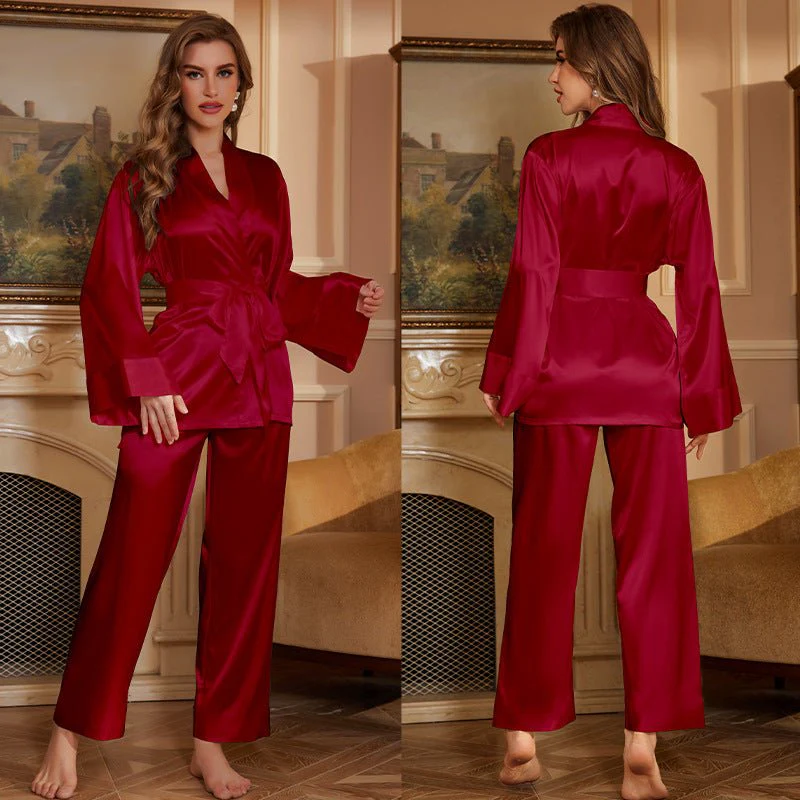 The Luxe Lounge | Solid Color Ice Silk Long-Sleeve Pajama Set - Image 6