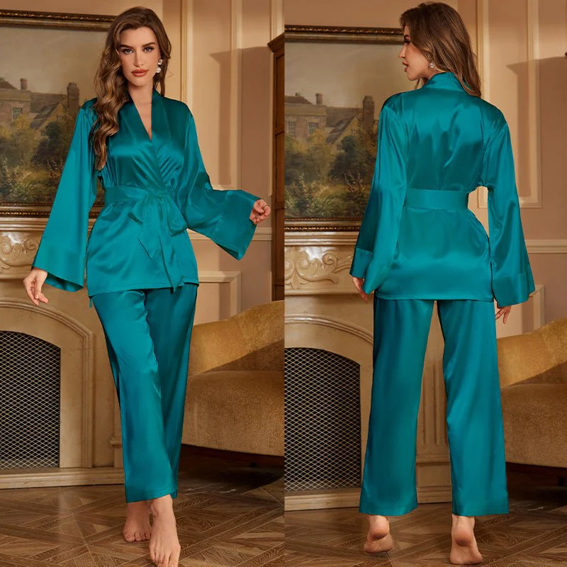 The Luxe Lounge | Solid Color Ice Silk Long-Sleeve Pajama Set - Image 7