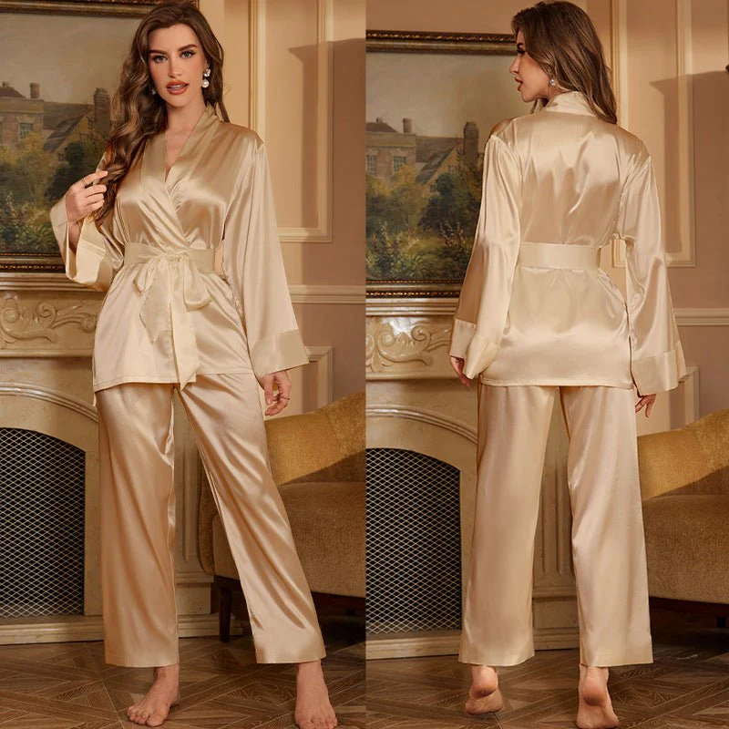 The Luxe Lounge | Solid Color Ice Silk Long-Sleeve Pajama Set - Image 8