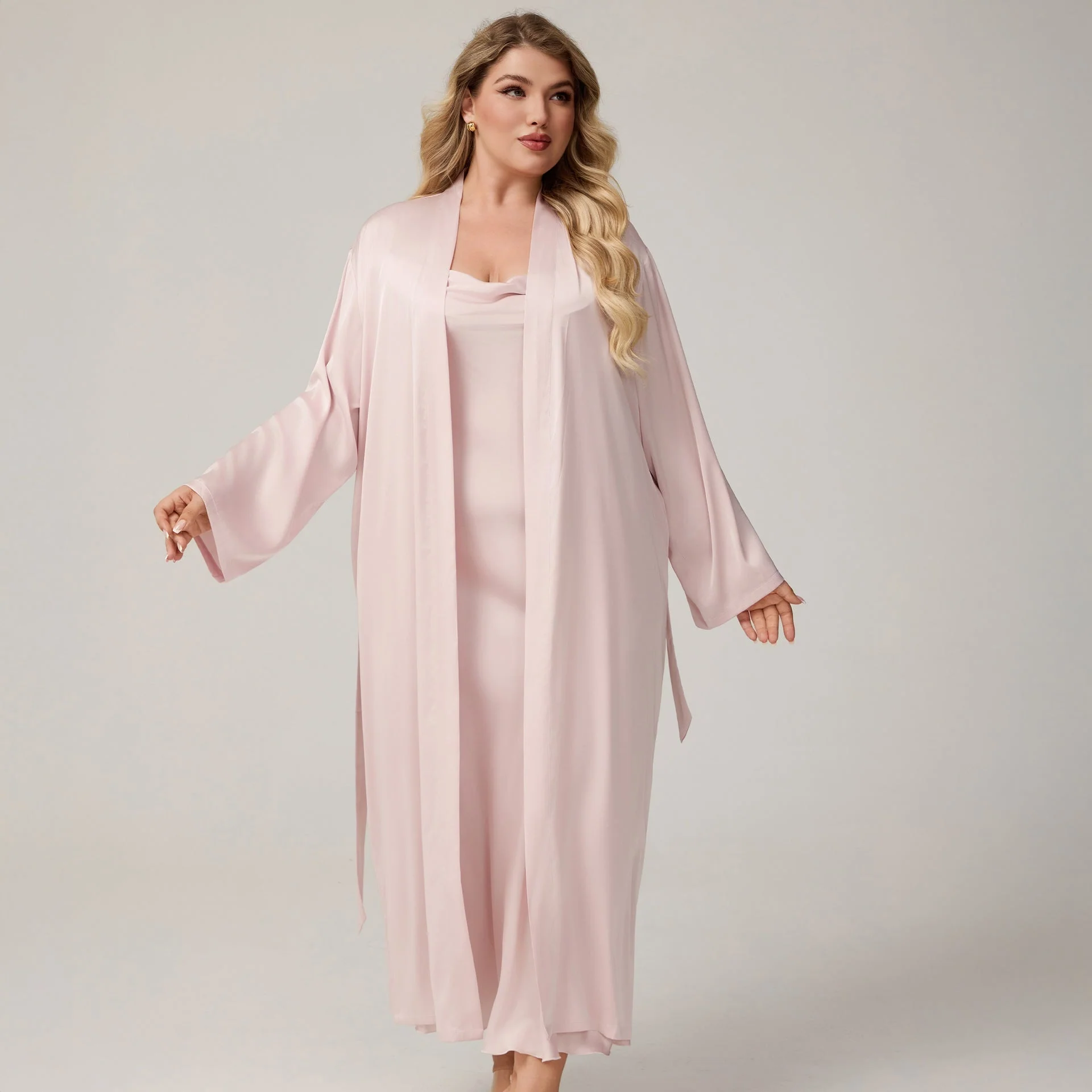 The Luxe Satin | Solid Color Off-Shoulder Long Robe & Slip Dress Set
