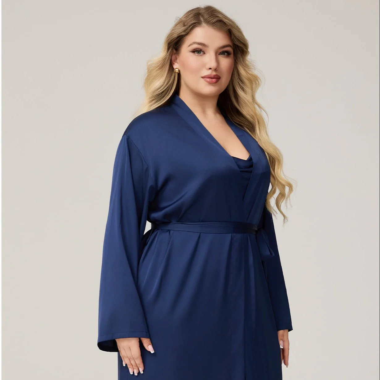 The Luxe Satin | Solid Color Off-Shoulder Long Robe & Slip Dress Set - Image 2