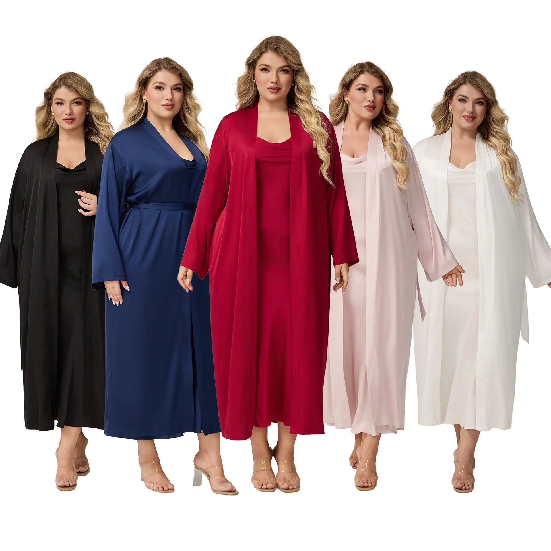 The Luxe Satin | Solid Color Off-Shoulder Long Robe & Slip Dress Set - Image 4