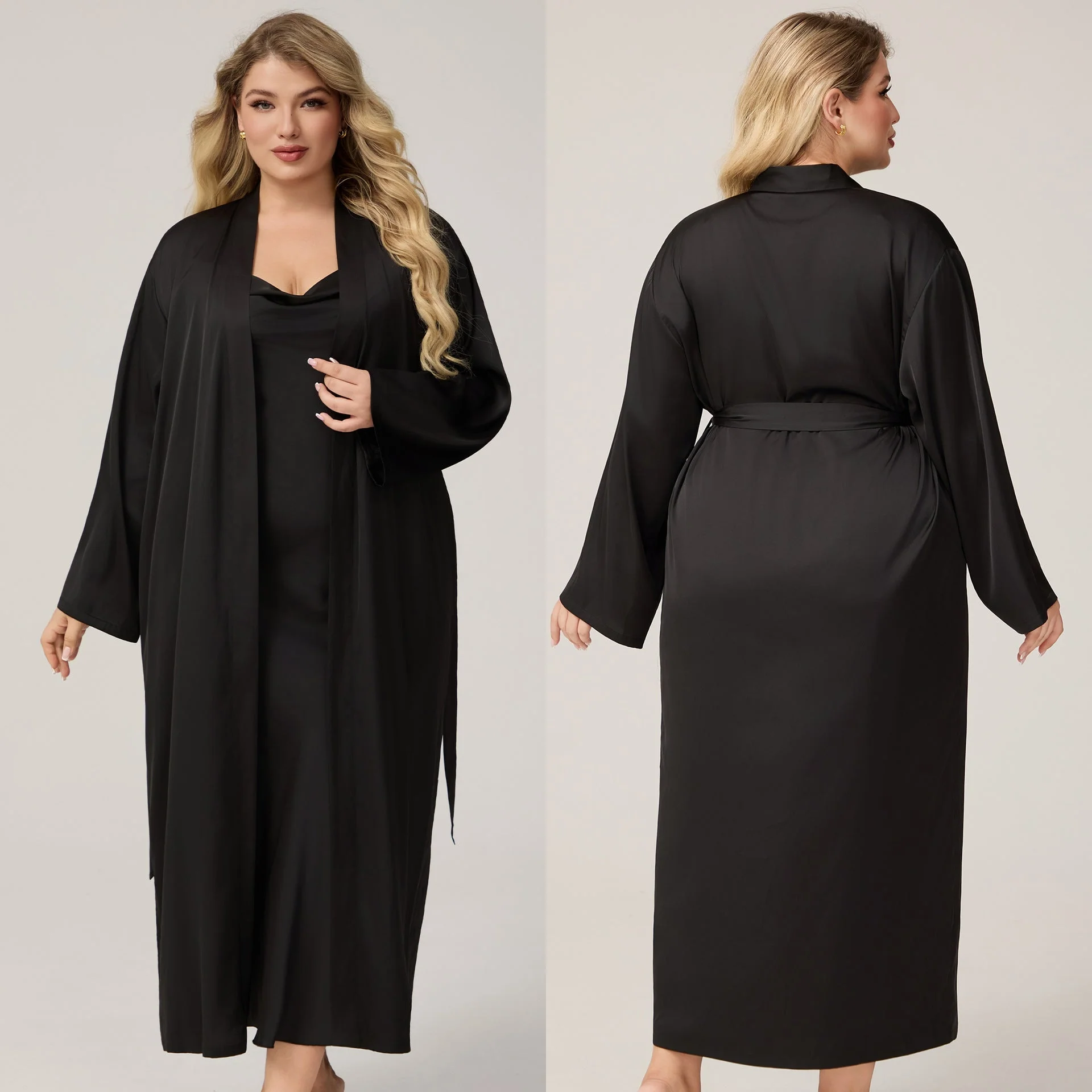 The Luxe Satin | Solid Color Off-Shoulder Long Robe & Slip Dress Set - Image 6