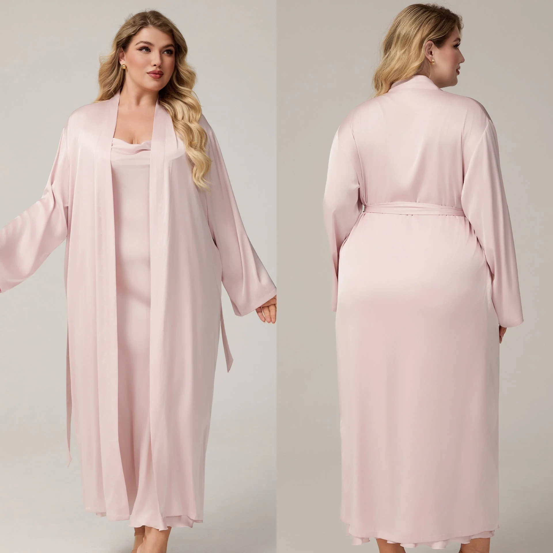The Luxe Satin | Solid Color Off-Shoulder Long Robe & Slip Dress Set - Image 7