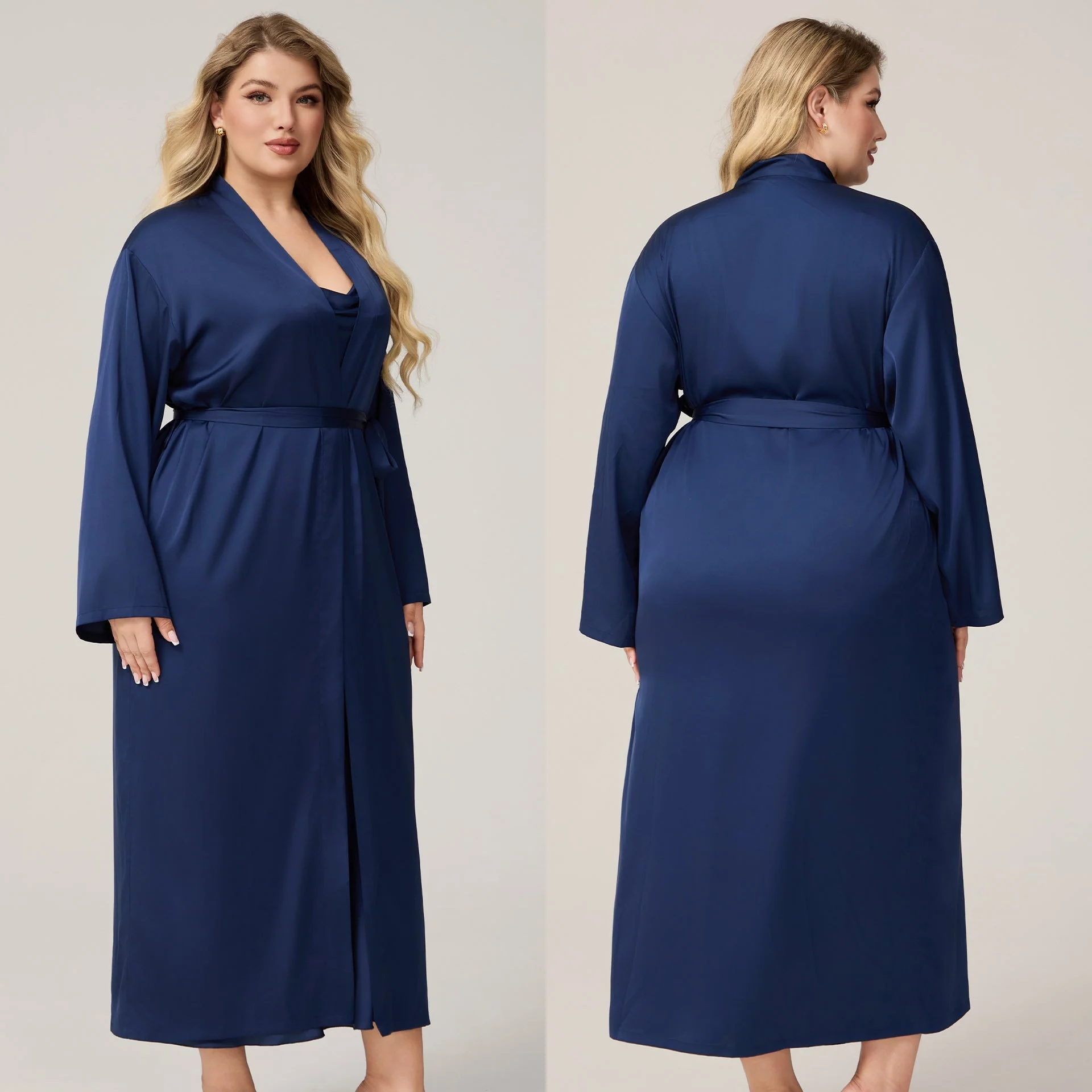 The Luxe Satin | Solid Color Off-Shoulder Long Robe & Slip Dress Set - Image 8