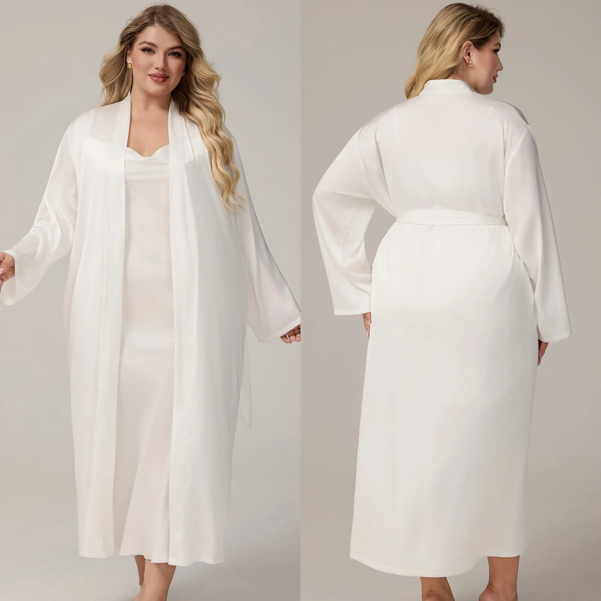 The Luxe Satin | Solid Color Off-Shoulder Long Robe & Slip Dress Set - Image 9