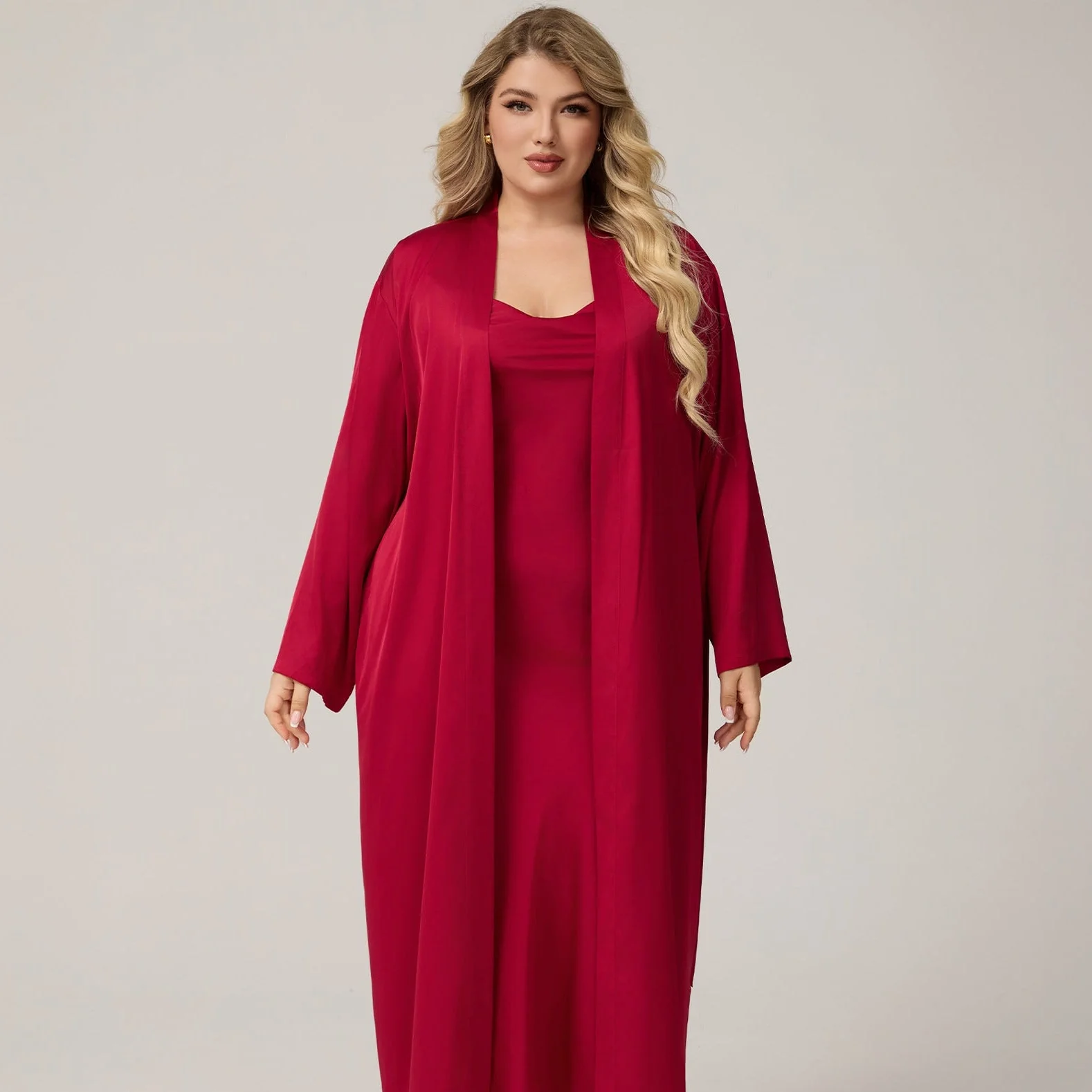 The Luxe Silk | Solid Color Off-Shoulder Satin Long Robe & Slip Dress Set