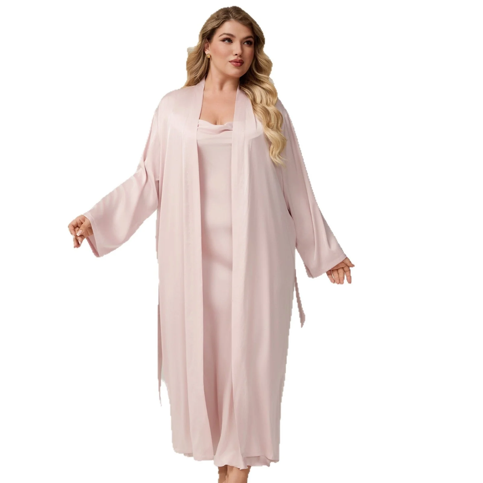 The Luxe Silk | Solid Color Off-Shoulder Satin Long Robe & Slip Dress Set - Image 4