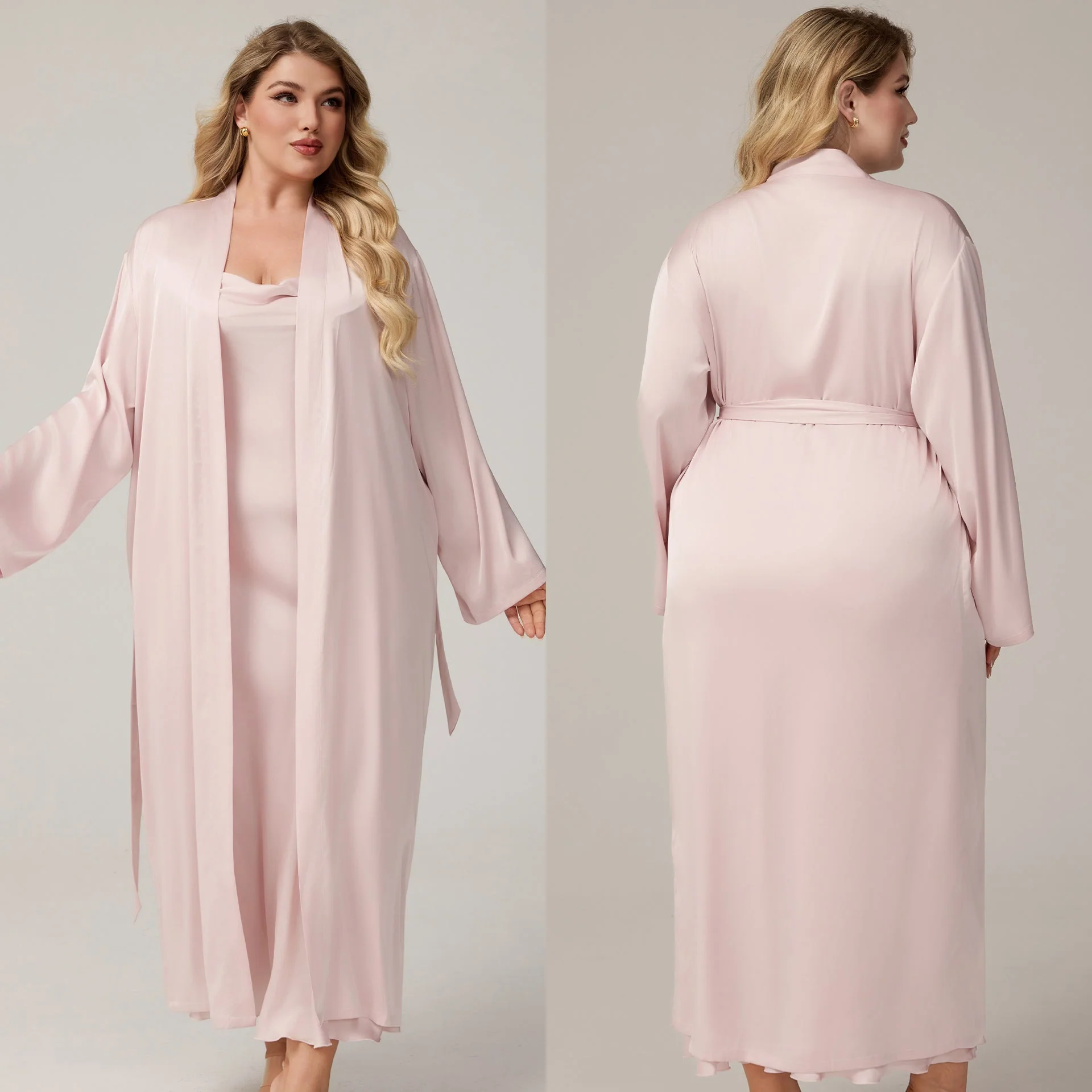 The Luxe Silk | Solid Color Off-Shoulder Satin Long Robe & Slip Dress Set - Image 7