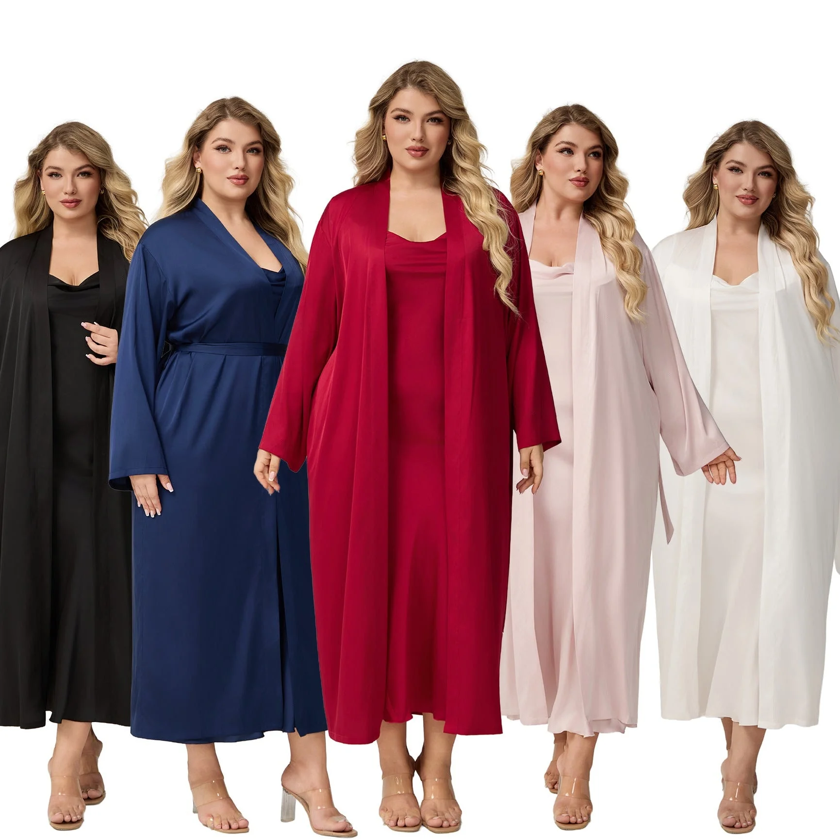 The Luxe Silk | Solid Color Off-Shoulder Satin Long Robe & Slip Dress Set - Image 8